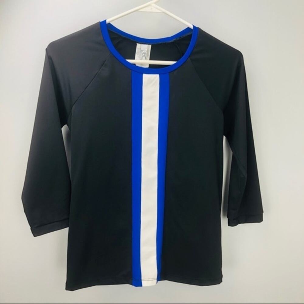 Becca Swimwear Black Vertical Stipe Rash Guard Swim Top Size Small Sunblock